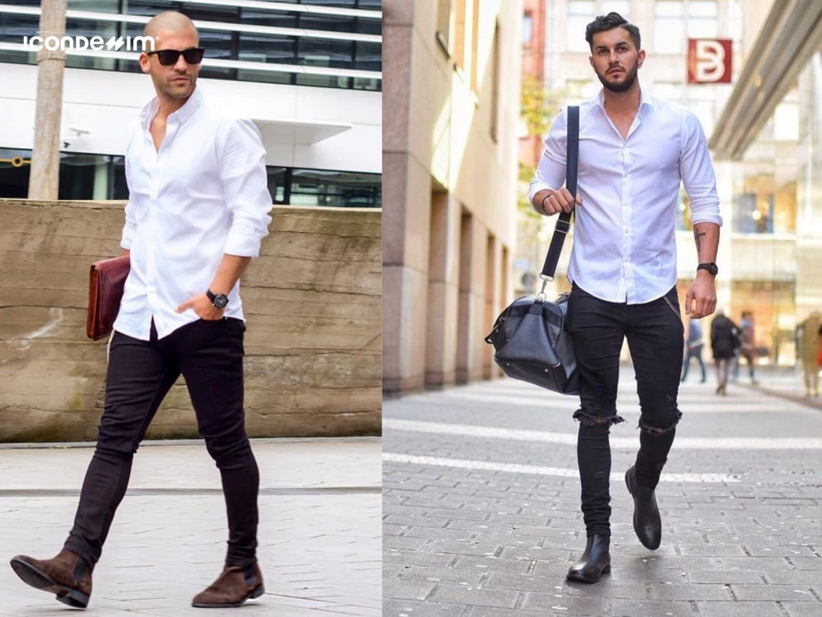 Áo sơ mi trắng, quần jeans đen và giày Oxford