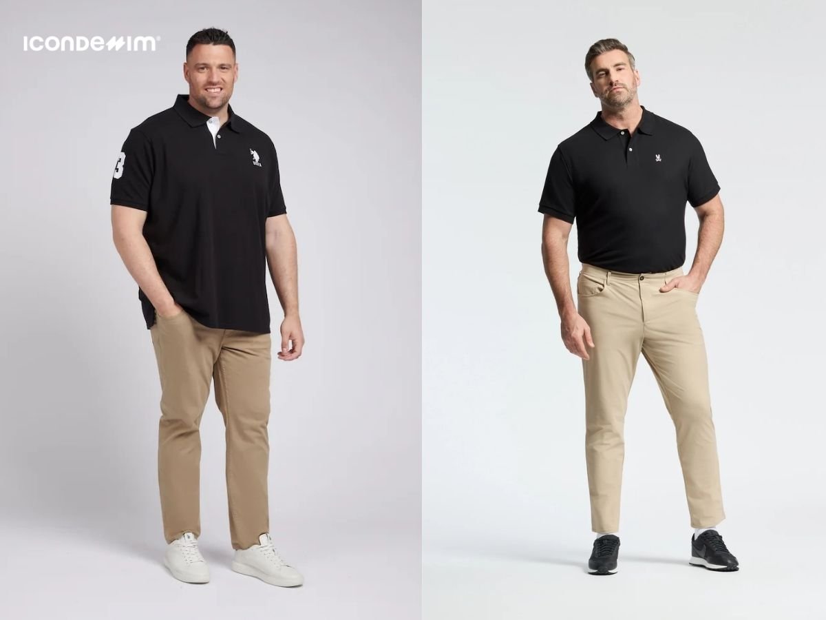 Quần kaki và áo polo tối màu cho nam béo bụng