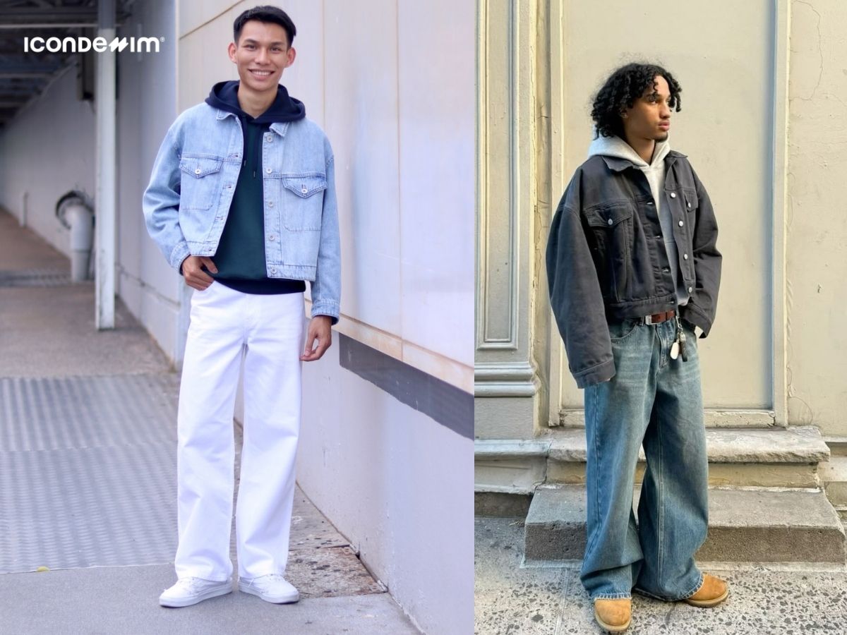 Phối áo hoodie và áo khoác jean với quần ống rộng