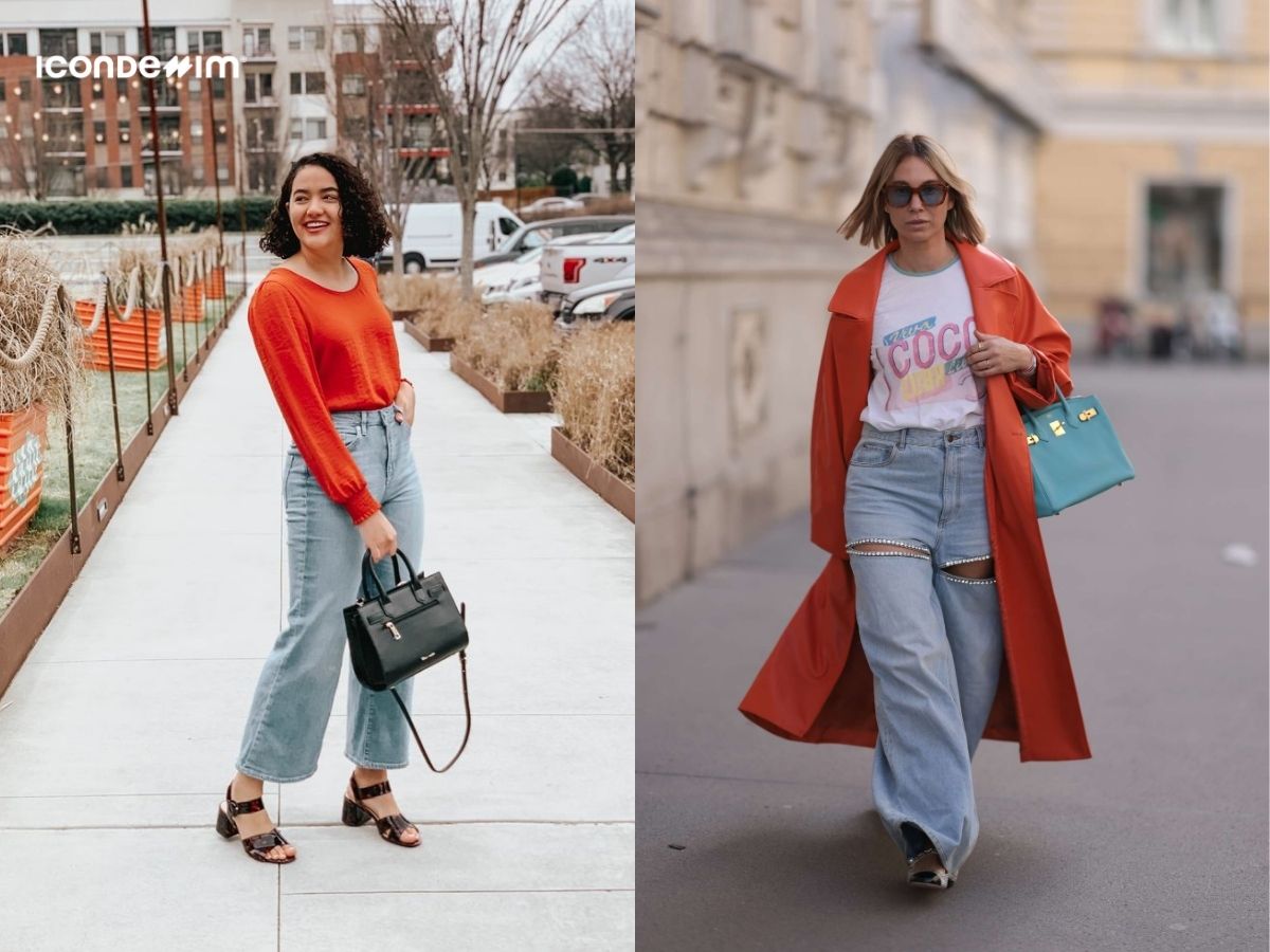 Mix áo kiểu đỏ với quần jeans ống rộng trẻ trung