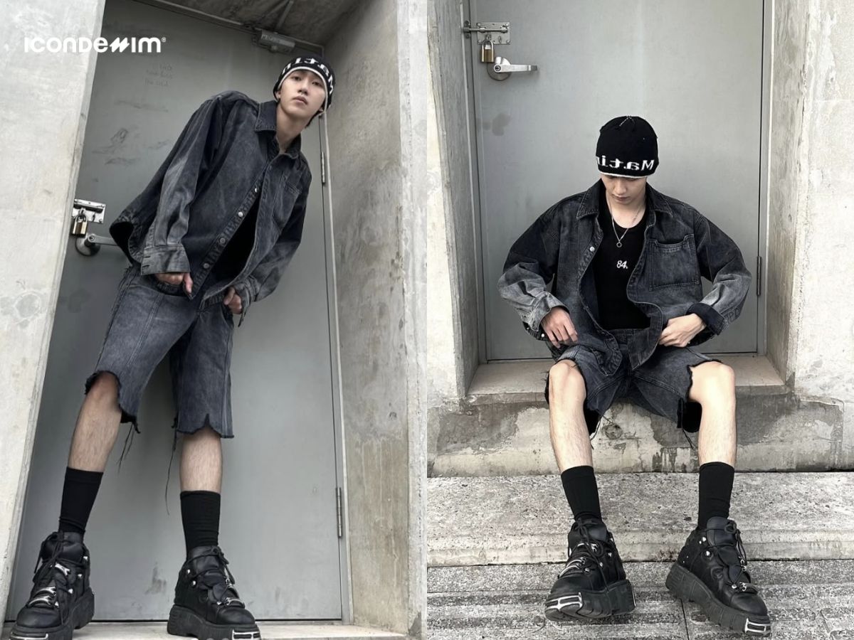 Áo khoác jeans đen phối áo thun và quần short