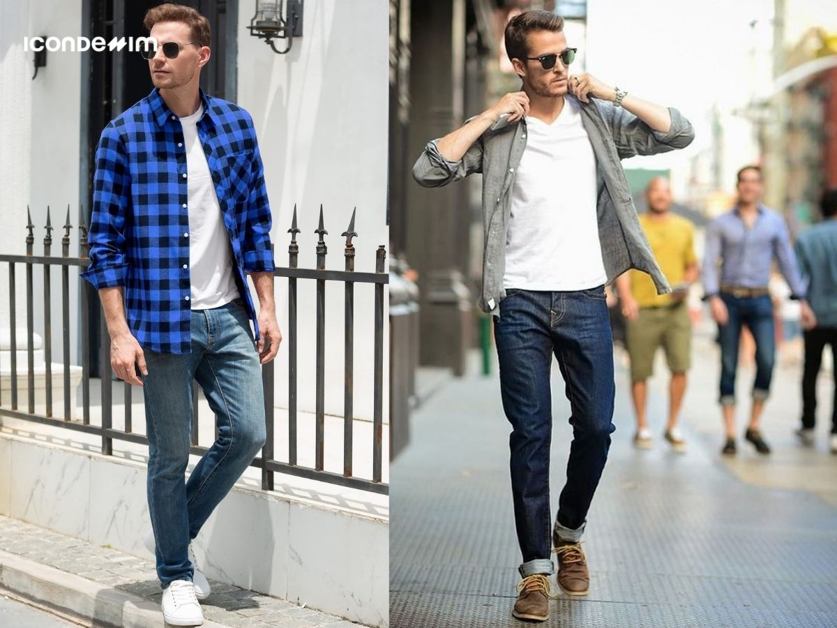 Quần jeans ống ôm và áo sơ mi khoác ngoài