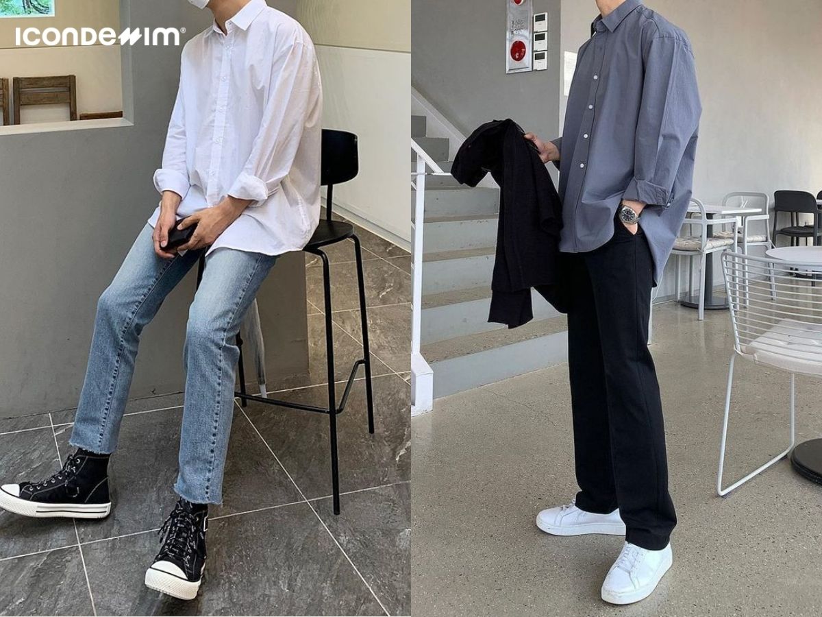 Quần jean ống rộng phối với áo sơ mi oversize
