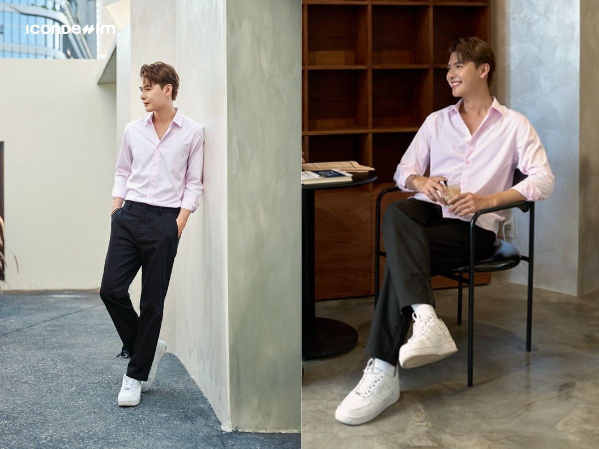 Phối áo sơ mi hồng nhạt với quần kaki đen