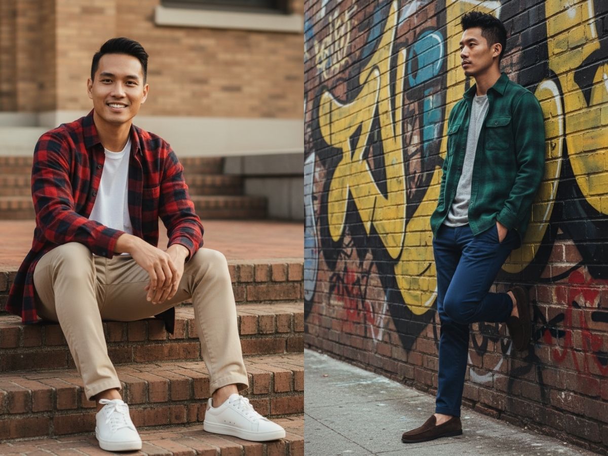 Layer đầy nam tính với áo sơ mi flannel, áo thun và quần chinos