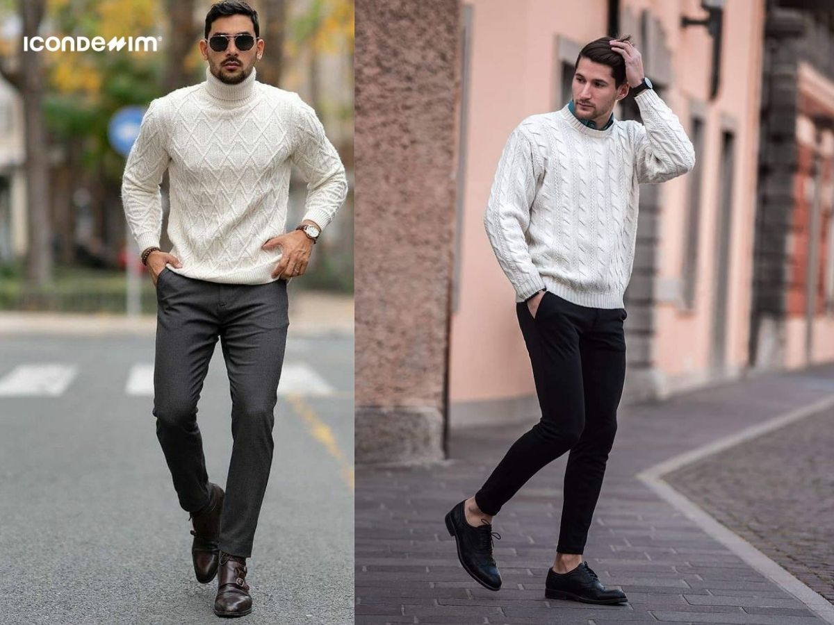 Kết hợp áo len trắng, quần tây đen và giày boots