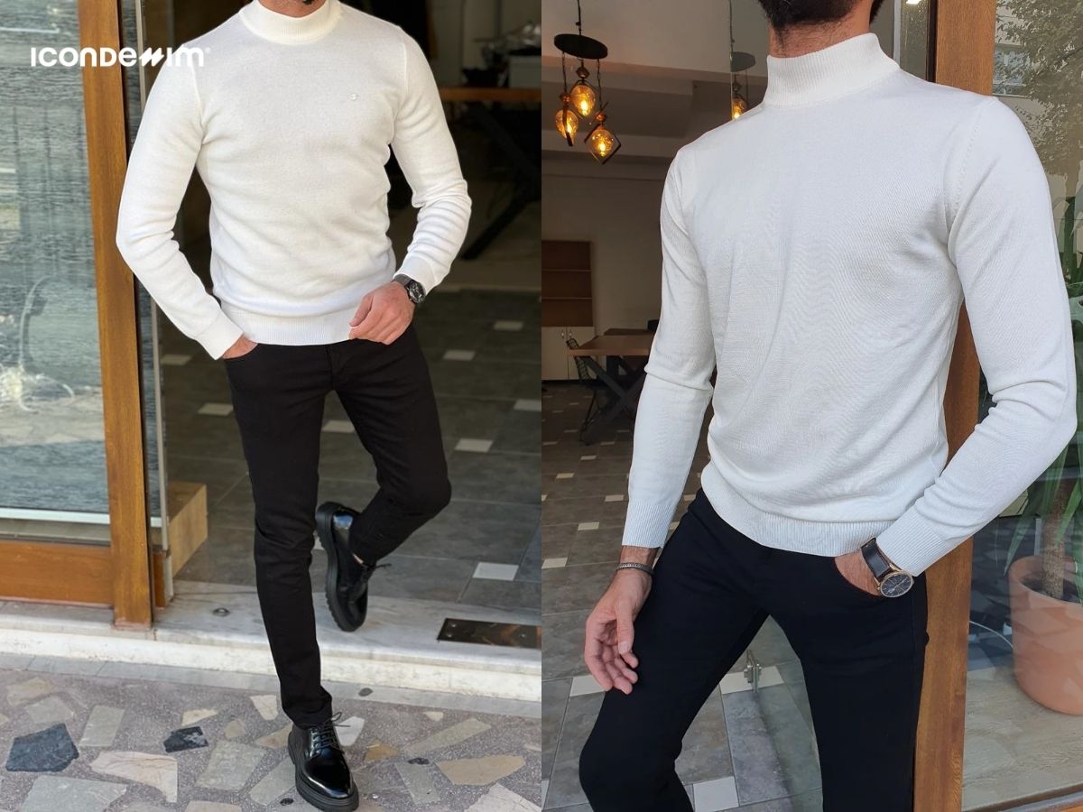 Phối áo len cổ lọ màu trắng với quần jeans đen ngày tết