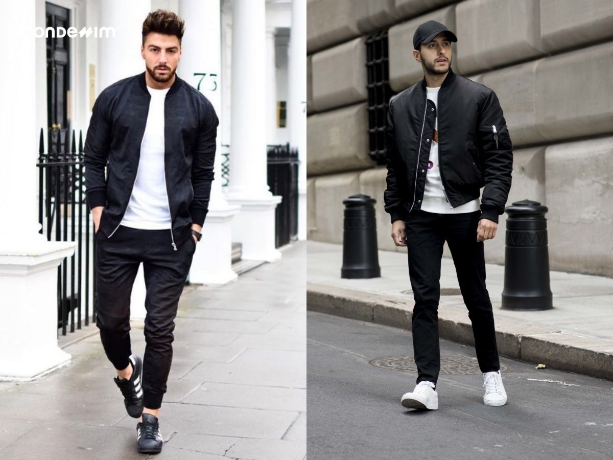 Áo bomber đen, áo thun trắng và quần skinny