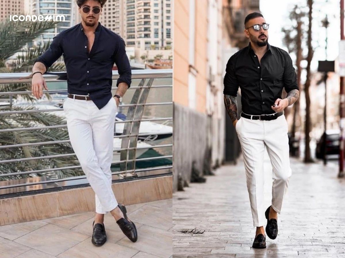 Áo sơ mi đen, quần tây trắng và giày Oxford