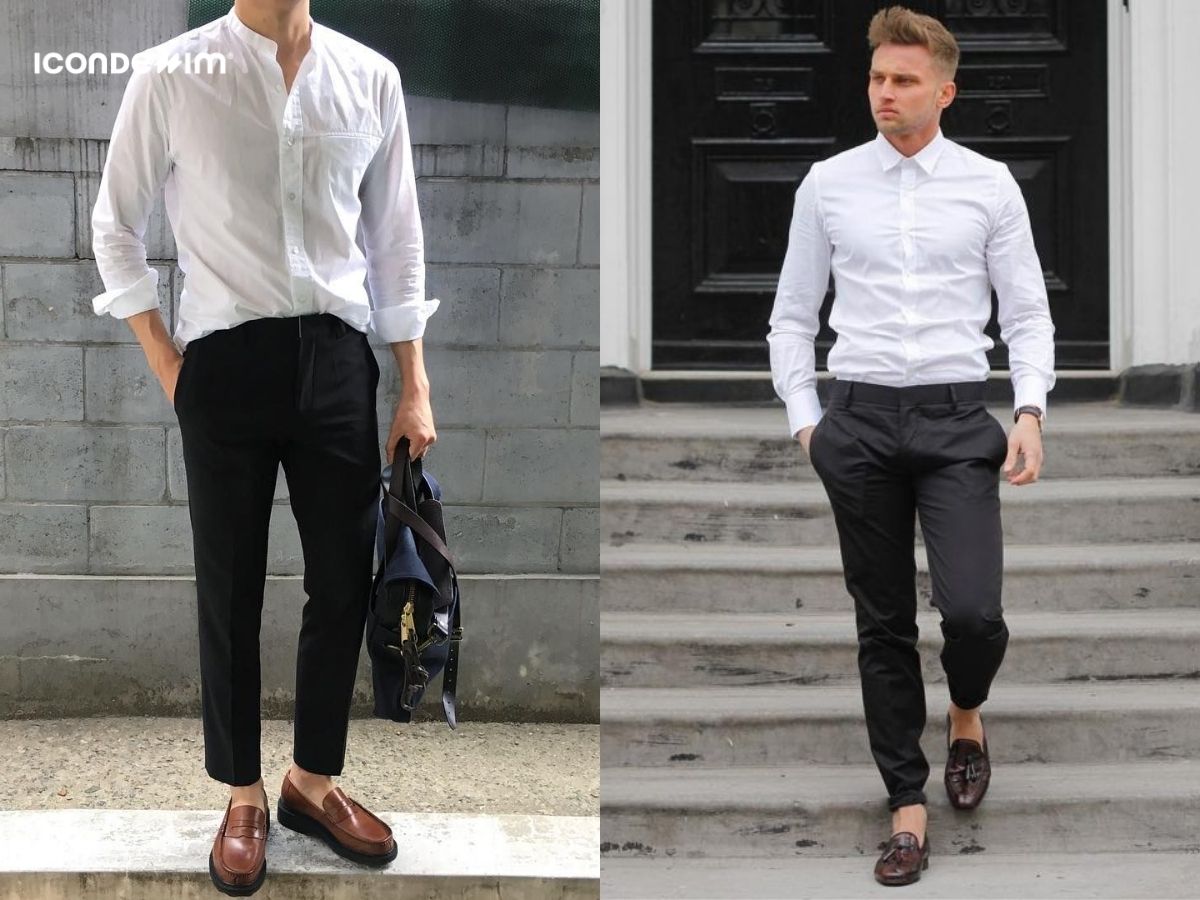 Set đồ áo sơ mi trắng, quần tây đen và giày oxford