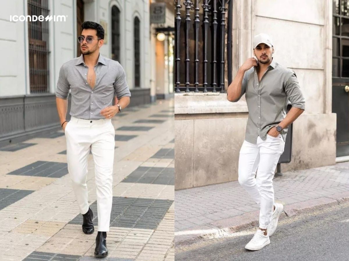 Mix áo ghi với quần trắng tạo cho bạn diện mạo bảnh bao