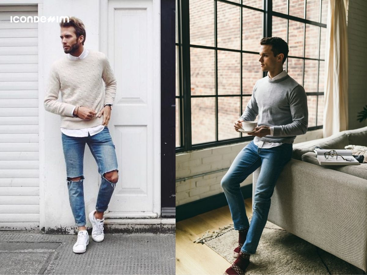 Phối đồ áo jumper, áo sơ mi trắng và quần short