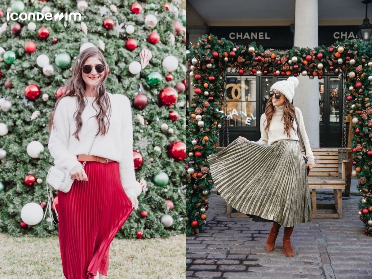 Mix áo len với chân váy xếp ly điệu đà