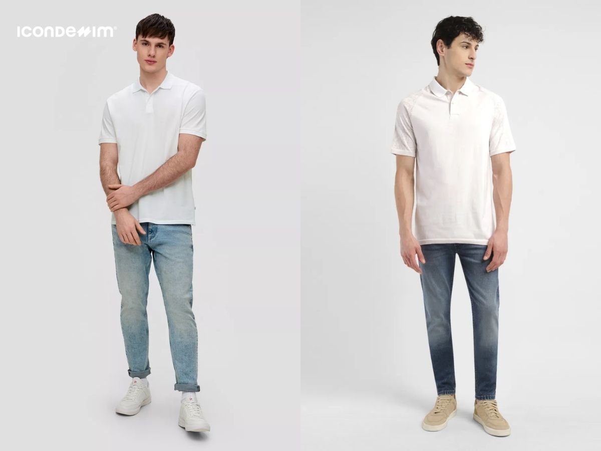 Mix áo thun polo trắng và quần jeans
