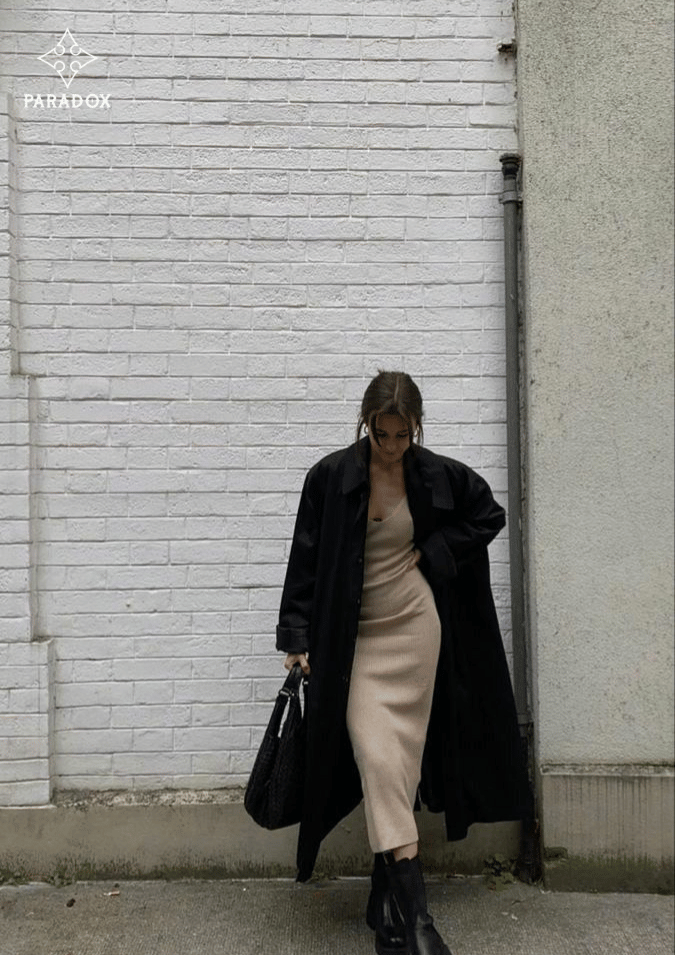 Mix đồ với áo dạ dáng dài - đầm hai dây