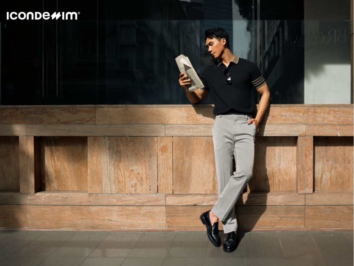 Mix quần âu với áo polo họa tiết tông màu trầm