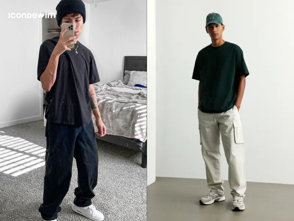 Áo thun form rộng, quần baggy và mũ snapback