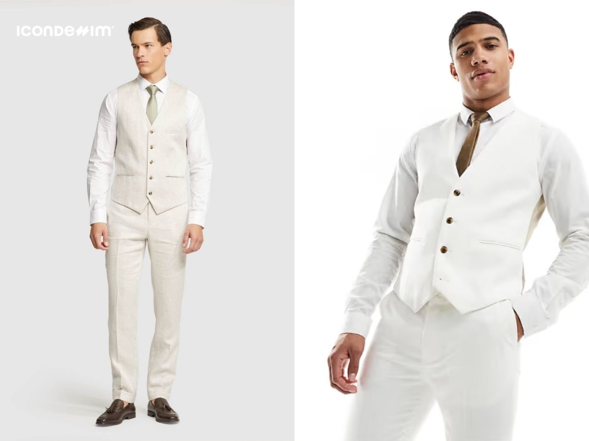 Set đồ áo gile trắng bên ngoài áo sơ mi trắng, quần tây trắng