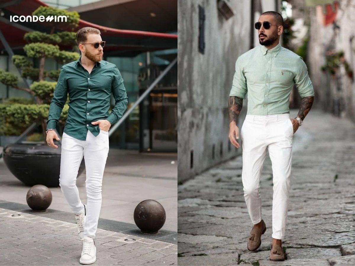 Nam giới diện áo sơ mi xanh lá với quần trắng đầy trẻ trung, cuốn hút