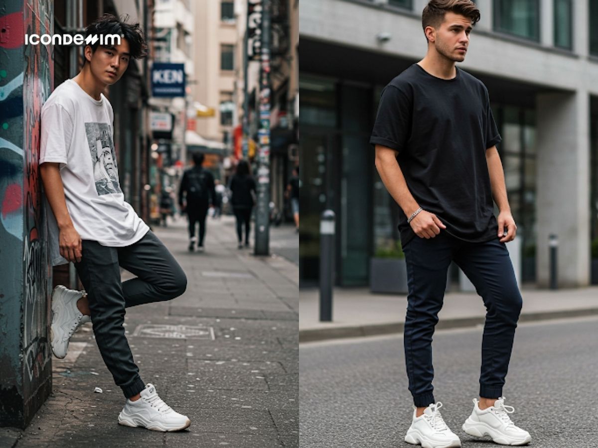 Áo thun form rộng, quần jogger và giày sneaker chunky