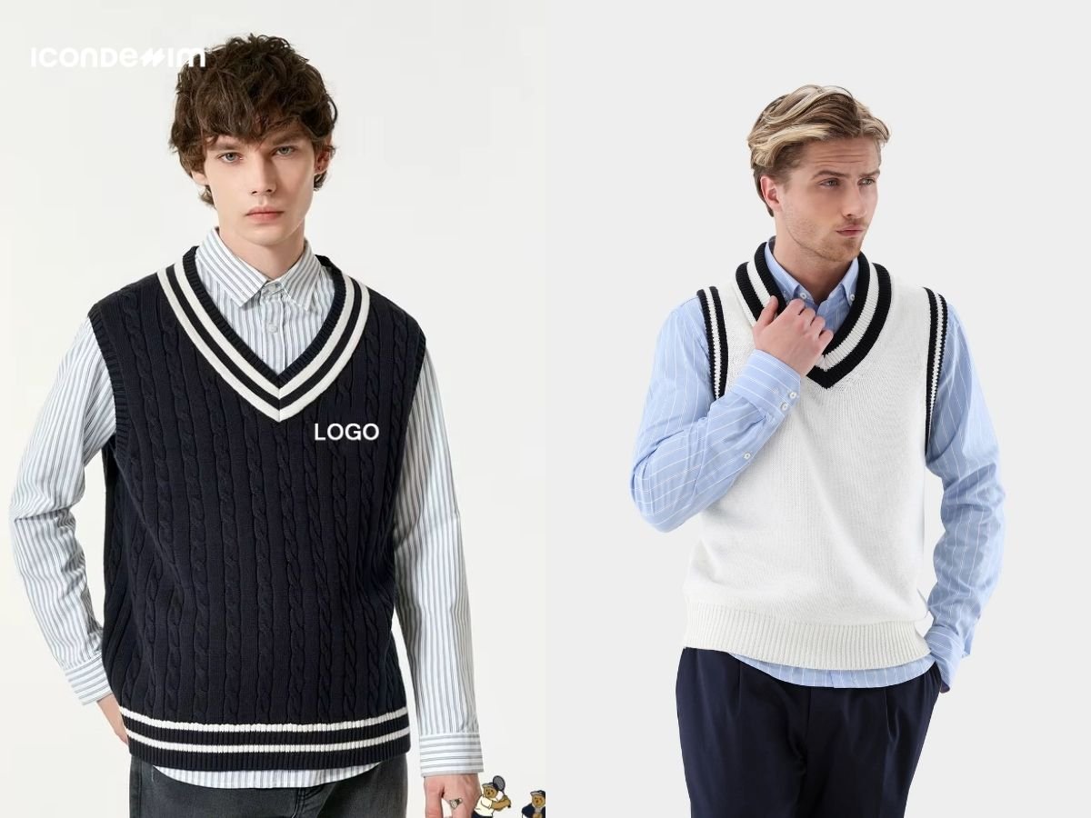 Layering với áo gile len và áo sơ mi kẻ sọc