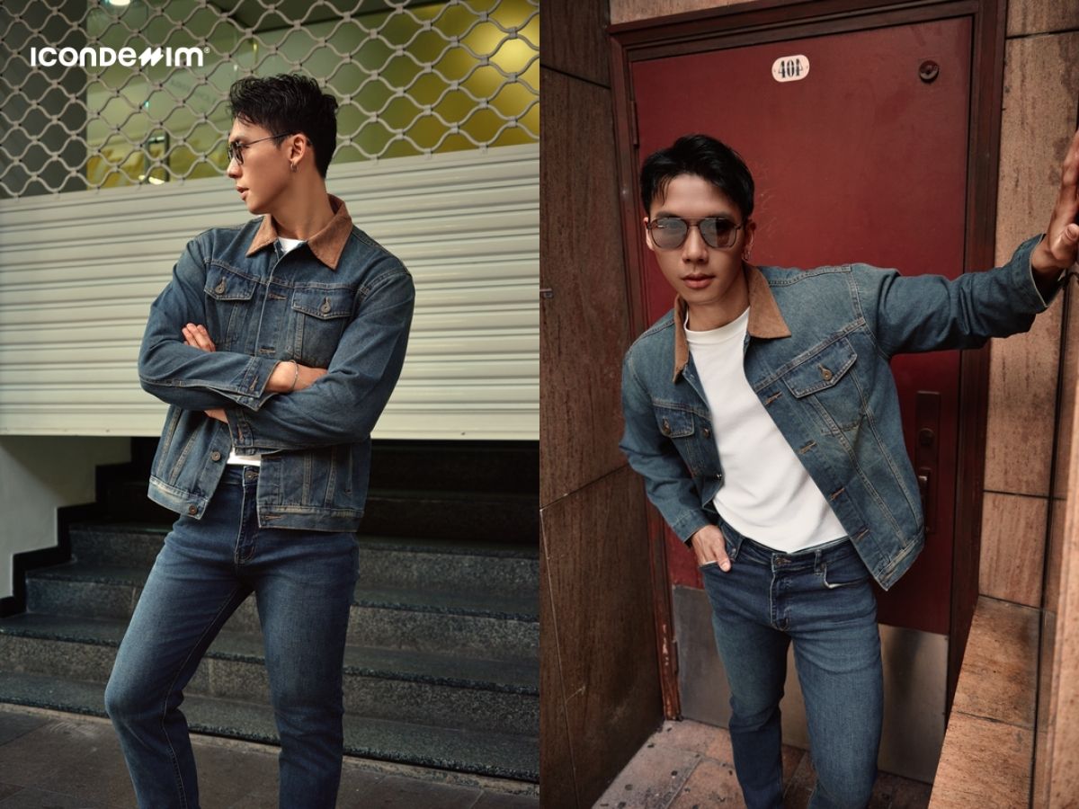 Phối đồ Tết cho nam sinh: áo thun, áo khoác denim và quần jeans
