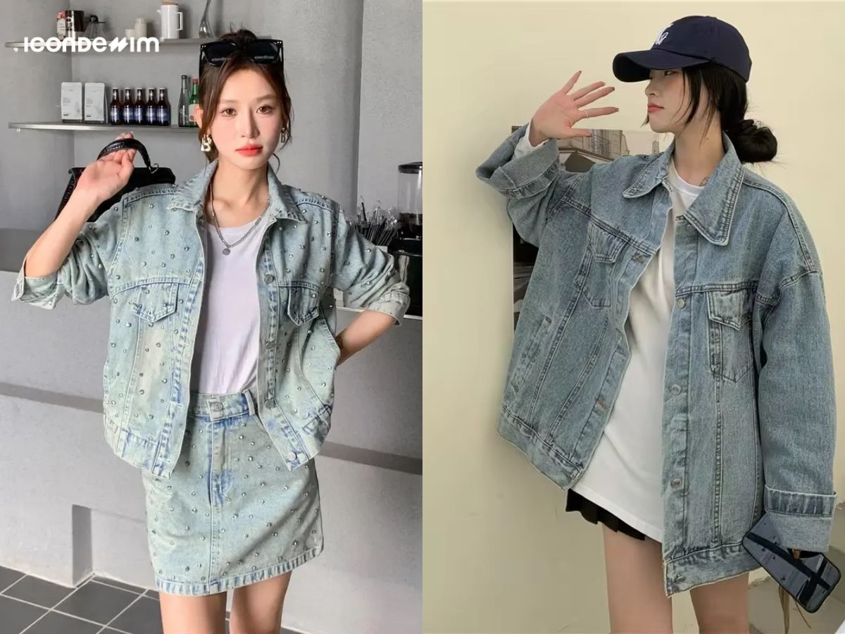 Váy mini kết hợp áo phông và áo khoác jeans cho nữ sinh