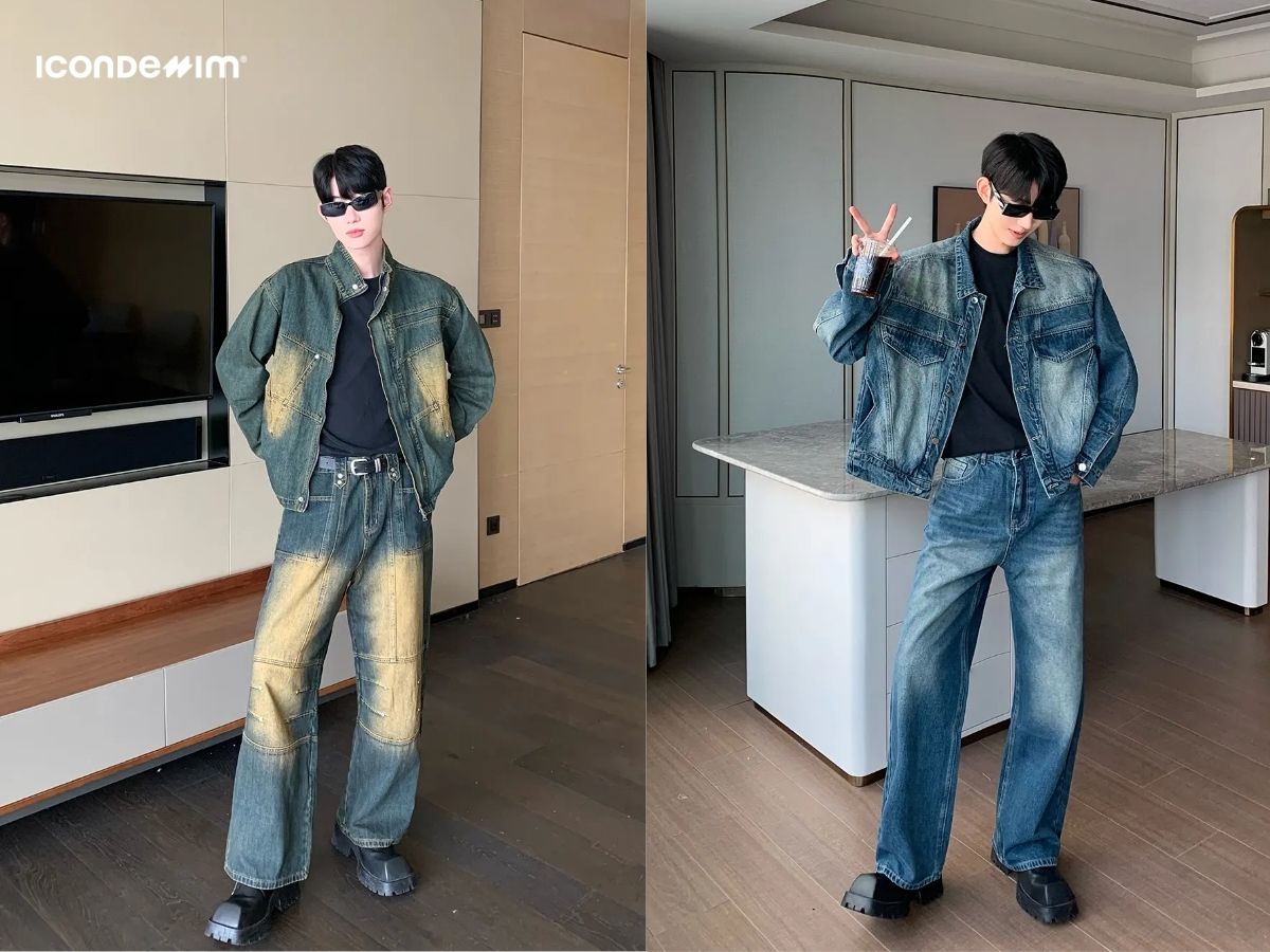 Phối quần jeans ống rộng, áo thun và áo khoác denim