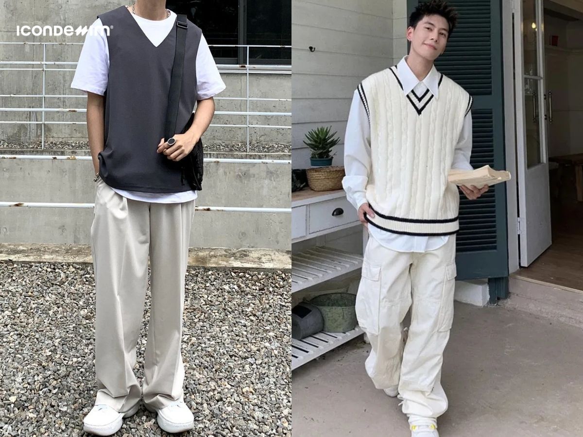 Áo gile len nam phối với quần ống rộng