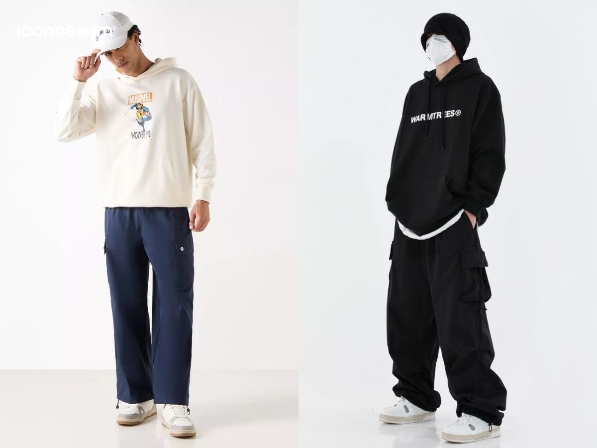 Áo hoodie phối với quần cargo ống rộng