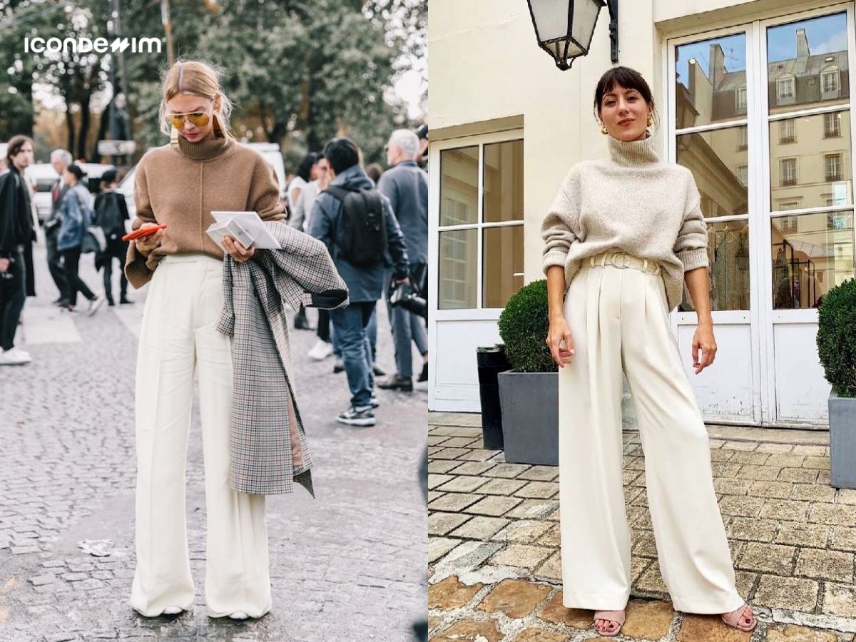 Áo len cổ lọ kết hợp với quần lưng cao phong cách light academia