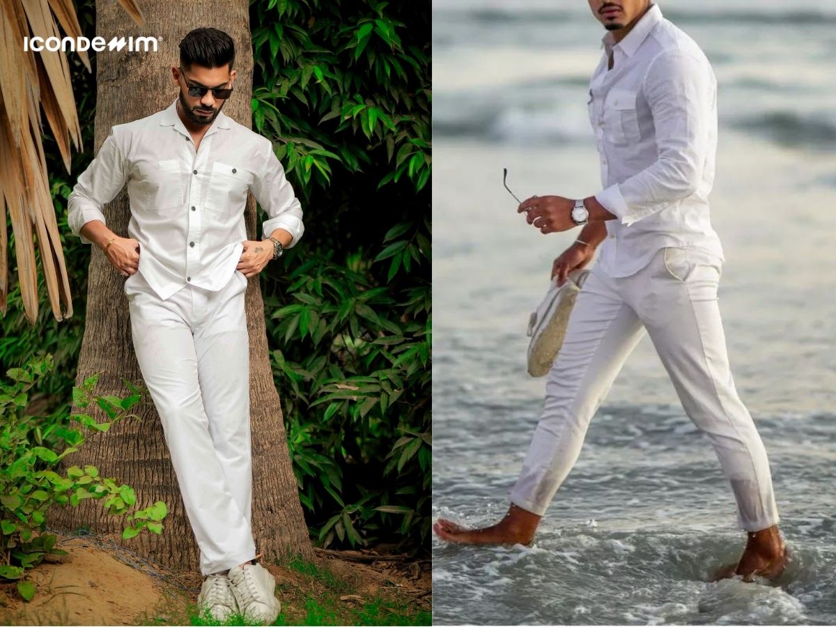 Áo sơ mi trắng cổ điển với quần tây trắng