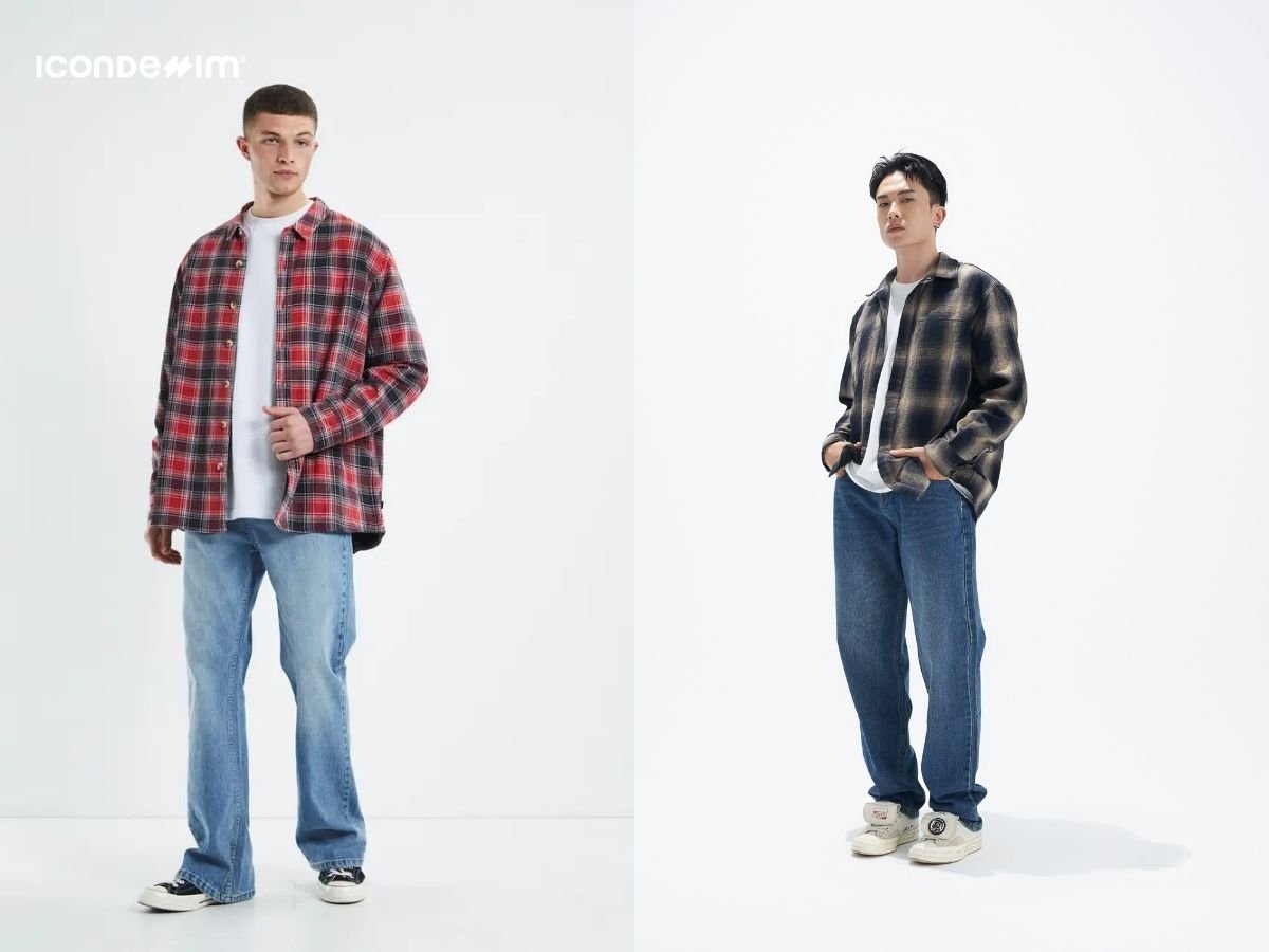 Áo sơ mi caro oversized với quần jeans ống rộng là set đồ đặc trưng