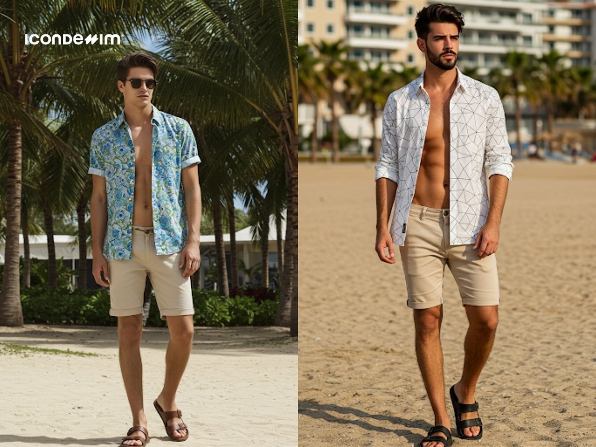 Chuẩn gu du lịch với áo sơ mi họa tiết, quần short và sandal