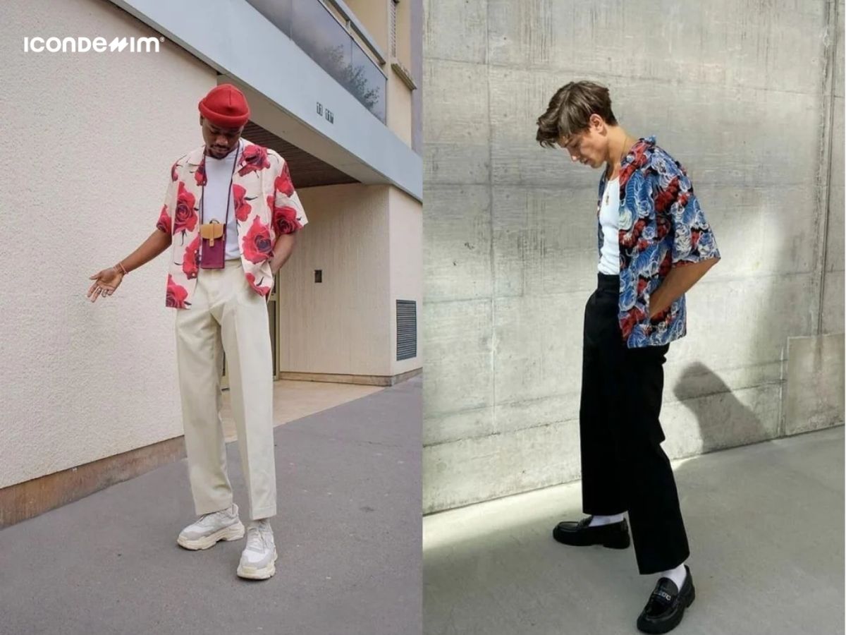 Phối áo sơ mi họa tiết với quần âu ống rộng