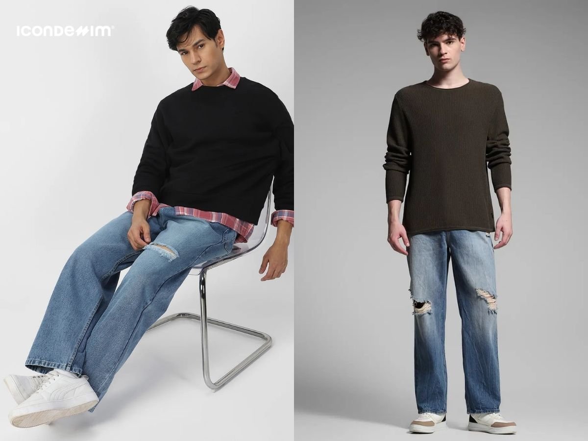 Phối đồ sweater rộng nam với quần jean rách