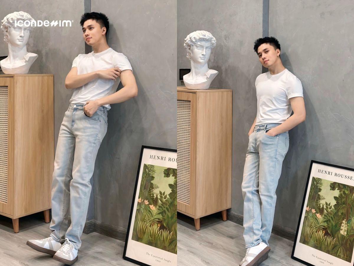 Phối đồ tết quần jeans và áo thun phong cách basic