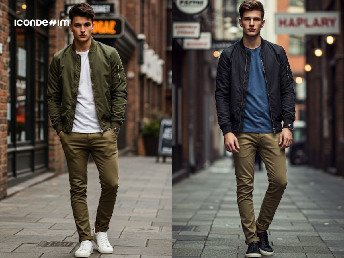 Áo khoác bomber, áo thun basic và quần kaki