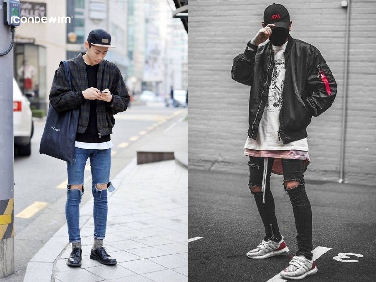 Áo khoác bomber, áo thun và quần jeans rách bụi bặm cho nam sinh