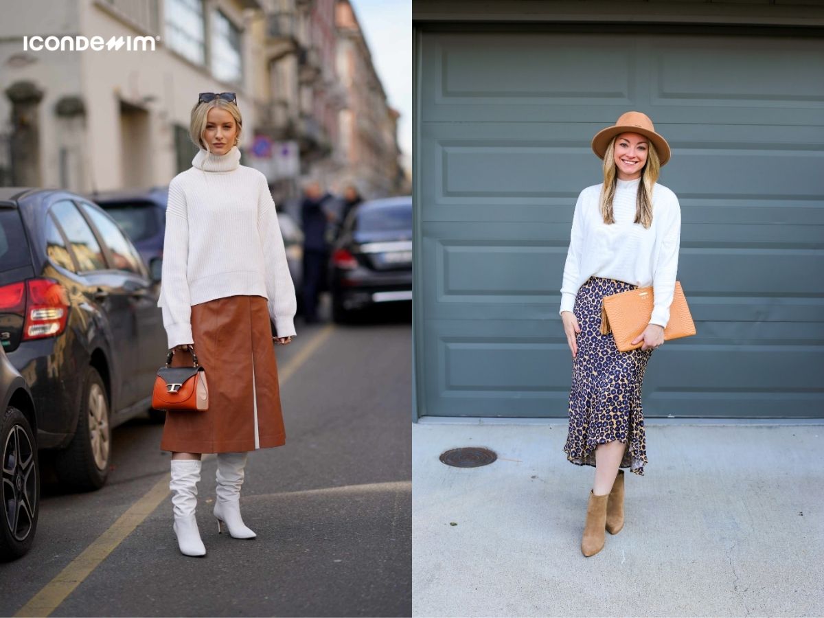 Mix áo len cổ lọ với chân váy midi và giày boot phong cách light academia