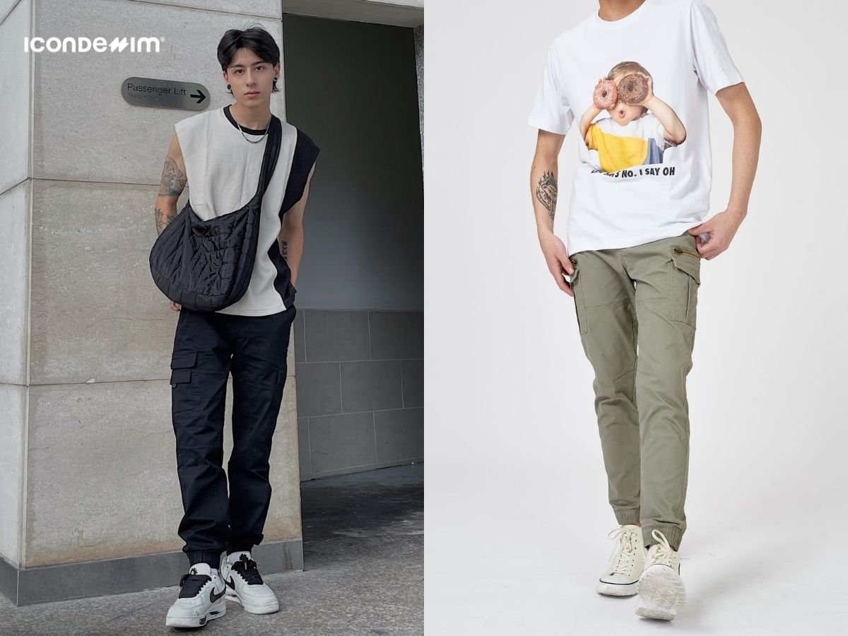 Áo thun basic kết hợp với quần kaki túi hộp tạo set đồ hiện đại