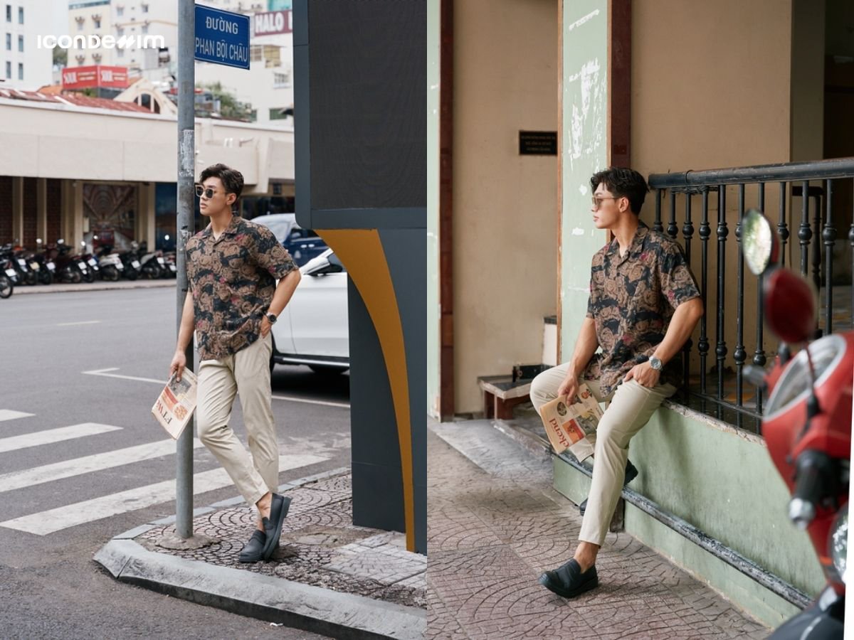 Phối áo sơ mi họa tiết với quần kaki màu be