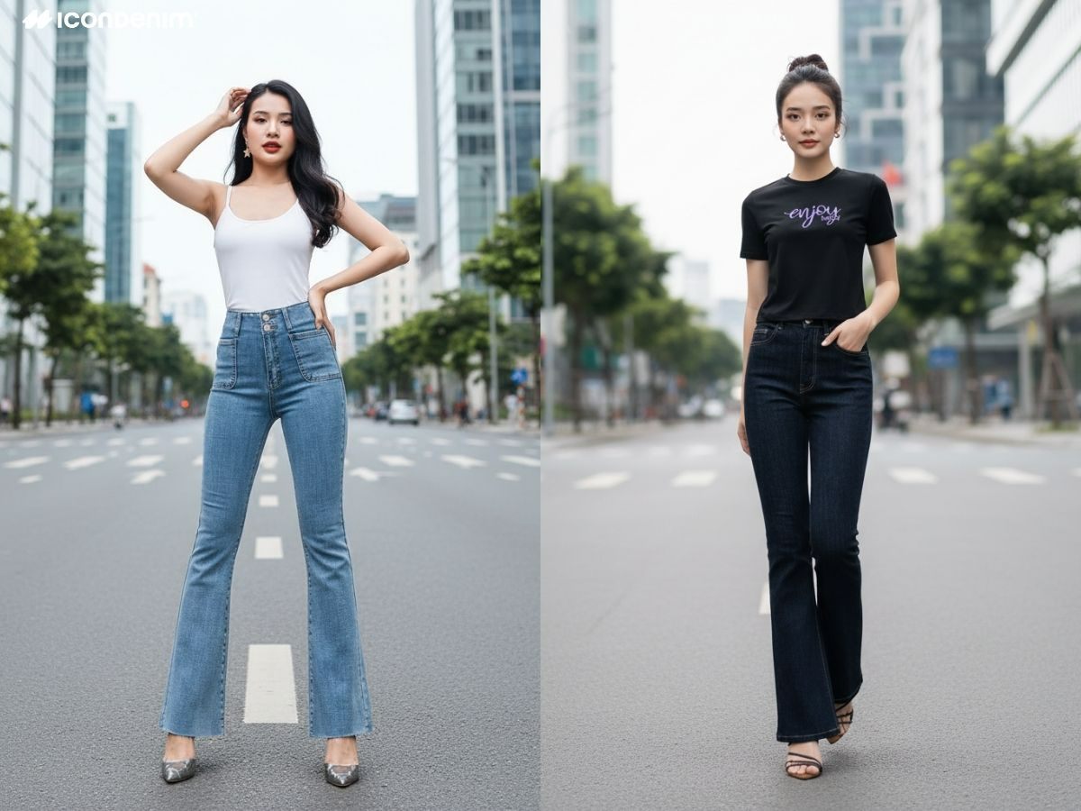 Áo thun và quần jeans ống loe tạo vẻ ngoài năng động