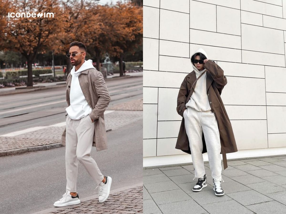 Phối áo hoodie và áo măng tô với quần ống rộng