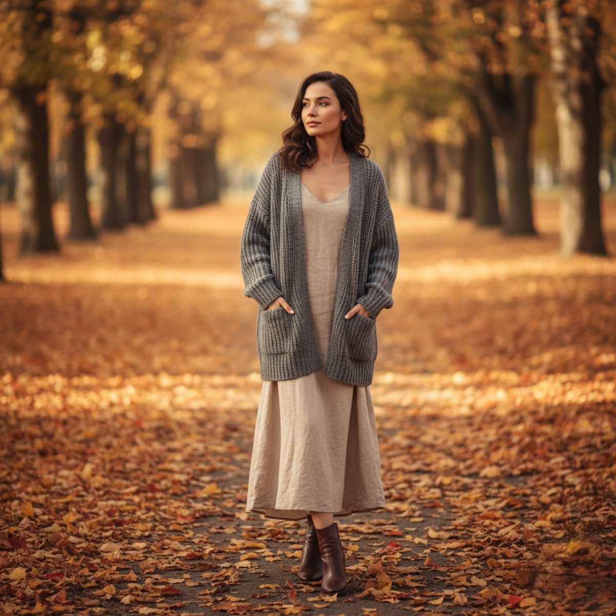 Outfit mùa thu nữ phong cách hàn quốc với áo cardigan dài và váy suông