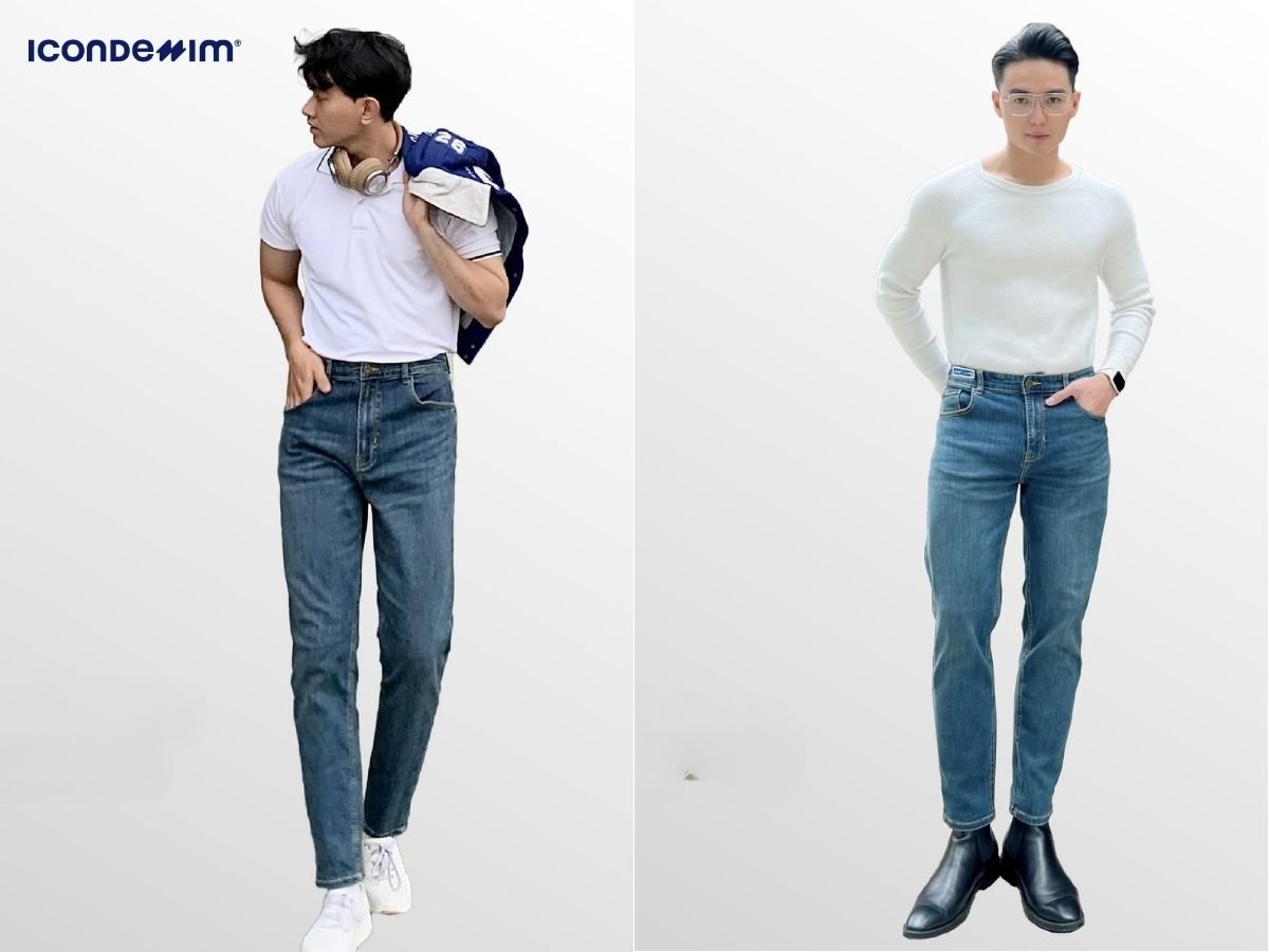 Outfit áo trắng và quần jeans xanh
