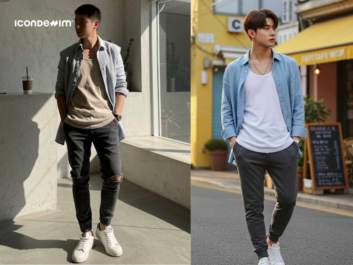 Diện set đồ áo tank top, áo sơ mi khoác ngoài và quần jogger đi dạo phố