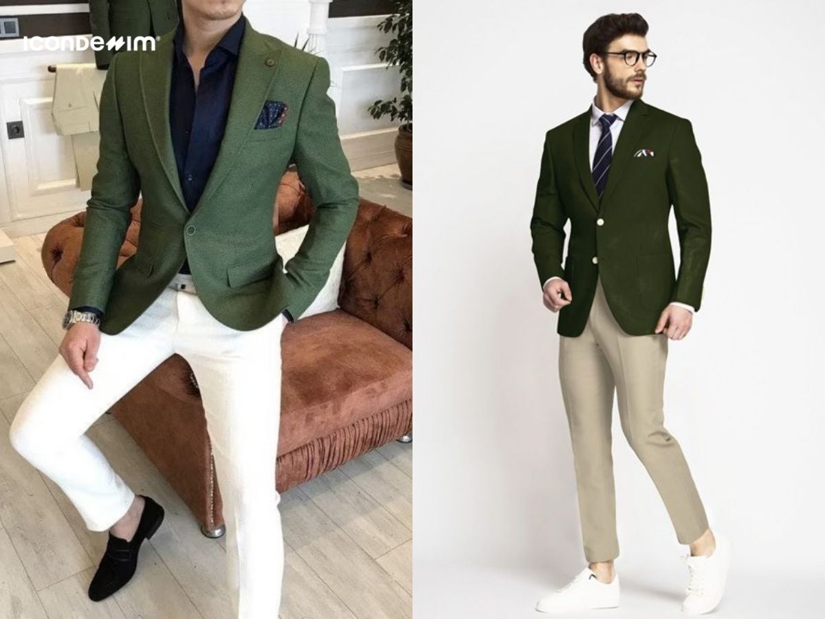 Phối áo blazer nam xanh lá với set quần âu và áo sơ mi