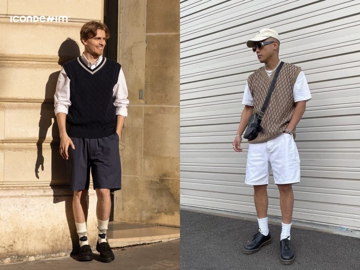 Phối áo gile len nam với quần short