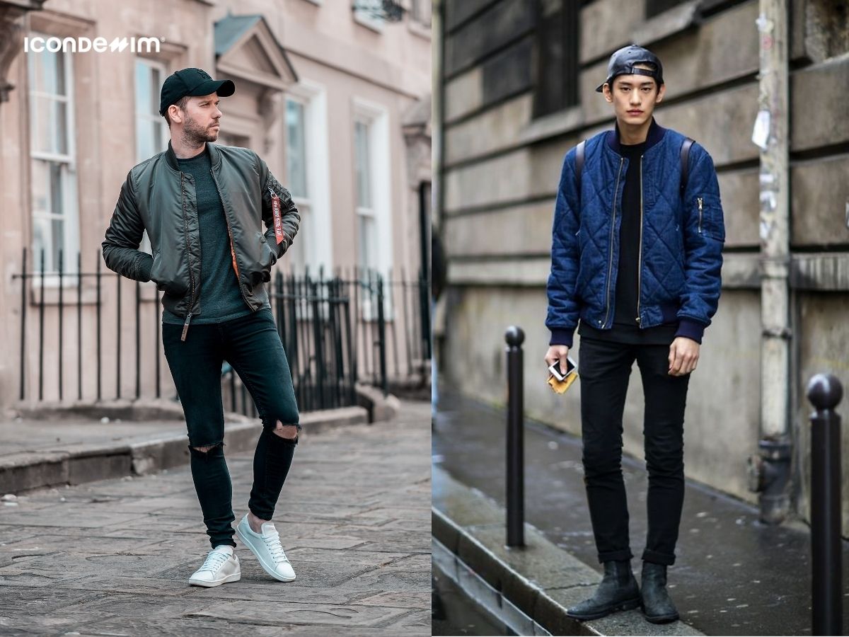 Phối áo khoác bomber và quần jeans cho nam lưng ngắn chân dài